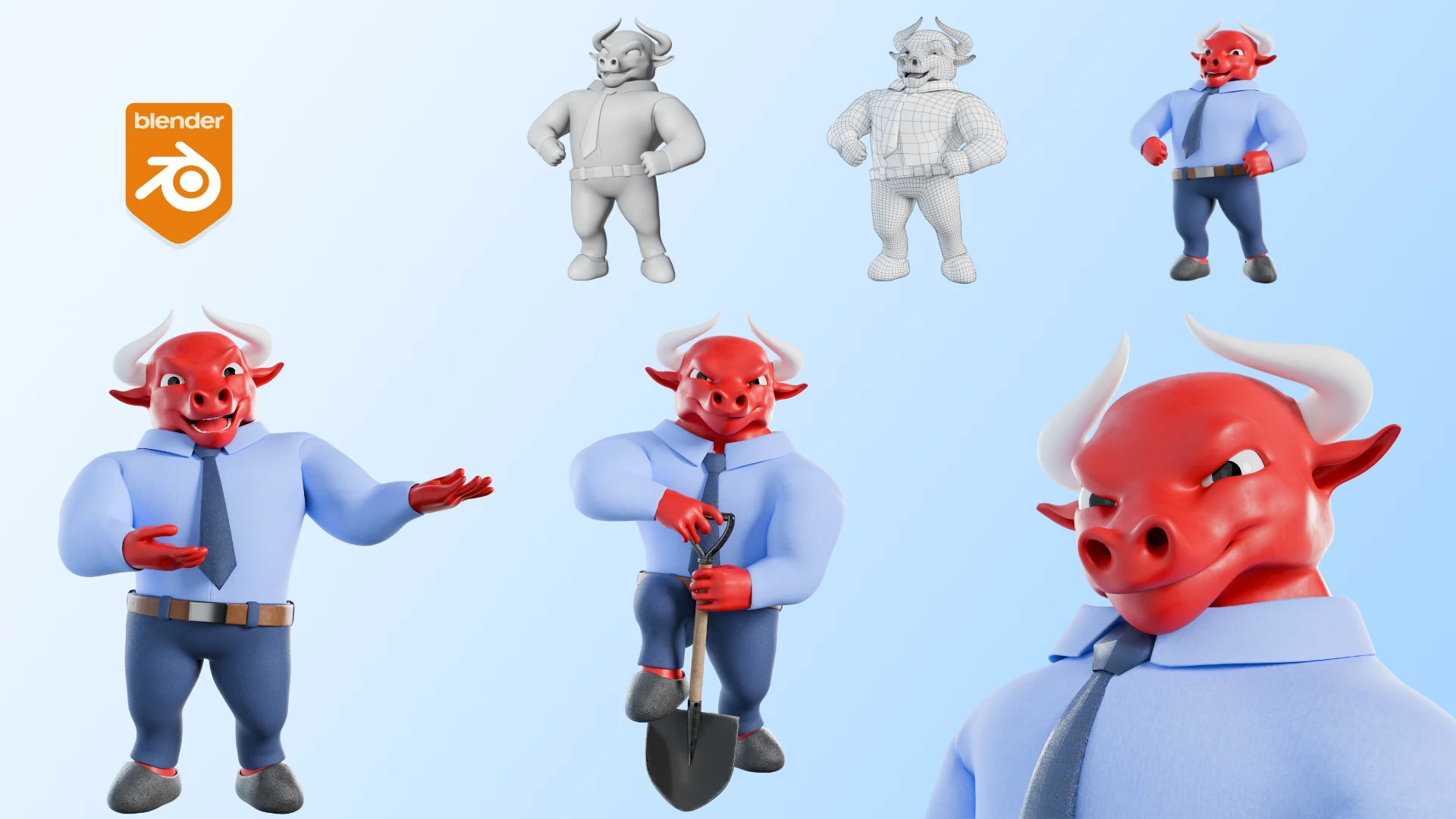 Professional business bull mascot 3D character close up showcase